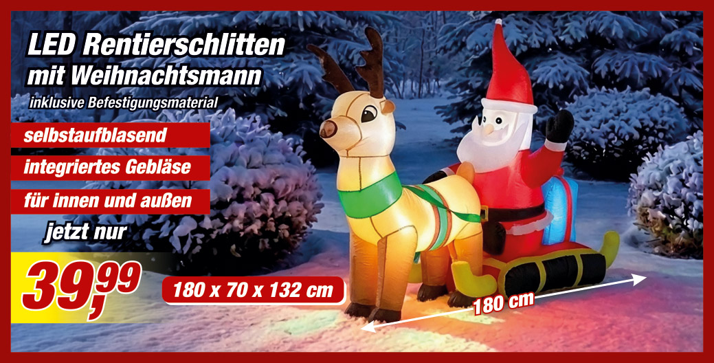 Angebot - LED Rentierschlitten mit Weihnachtsmann zum Aufblasen